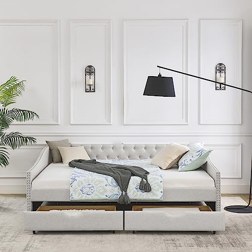 Upholstered Daybed with Drawers, Modern Fabric Queen Size Button Tufted Daybed Frame Sofa Bed, No Box Spring Needed, Space Saving, Beige