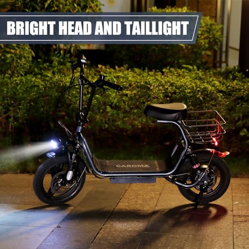 Caroma Peak 500W/800W/1200W Electric Scooter with Seat, Max 15/20/30Miles Range&20MPH, 14" Tires Foldable Adult Electric Scooter with Basket for Pets & Cargo, Dual Shock Absorbing Ebike for Commuting