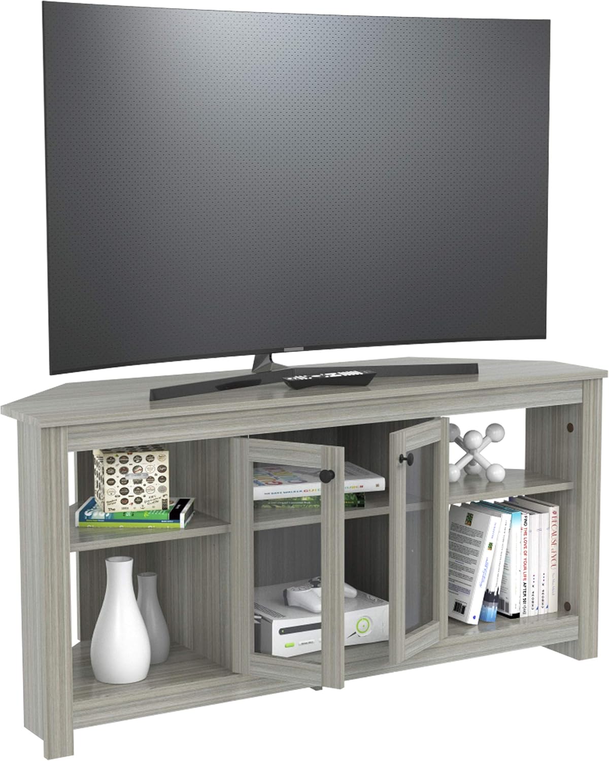 Inval Corner TV Stand with Glass Doors, Smoke Oak