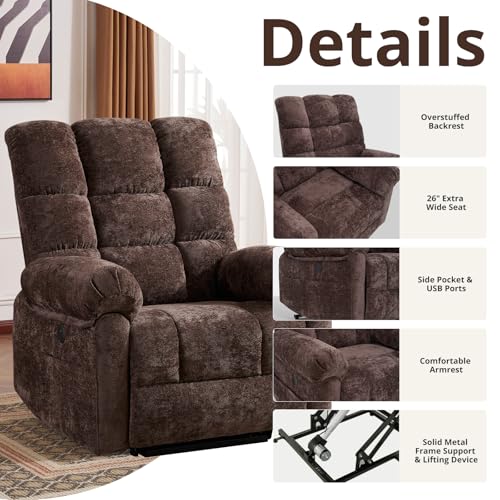 Oversized Power Lift Recliner Chair for Elderly, Extra Wide Lift Chair with Masssage and Heat, Chenille Electric Recliner Chairs for Big and Tall, USB Ports, Coffee