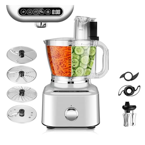 Homtone 16 Cup Food Processor, Aluminum-Diecast Blender and Food Processor Combo, 5 Preset Modes Vegetable Chopper Electric, 8 Blades 11 Functions for Home Use, Stepless Speed Control, 650W, Sliver