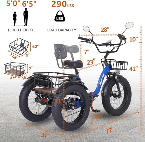 Electric Tricycle for Adults, 750W(Peak 1350W), 48V13Ah Ebike, 20"x4.0" Aluminum Folding Fat Tire 3 Wheel Electric Trike, Max 20MPH Hydraulic Brake, Rear Motor Differential