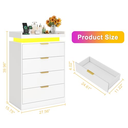 White Dresser with LED Lights, Wooden LED Dresser, 4 Drawer Chest with Charging Station, Tall Chest of Drawer Closet Organizer for Bedroom, Living Room, Entryway, Hallway