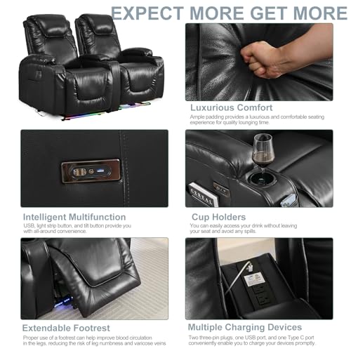 RV Reclining Loveseat Recliner Wall Hugger Recliners RV Theater Seating Seats Theater Chair Theater Recliner Sofa Love Seat with LED Light/USB/Type C/Cup Holders,Power Recliner Chair (Blue, 62)
