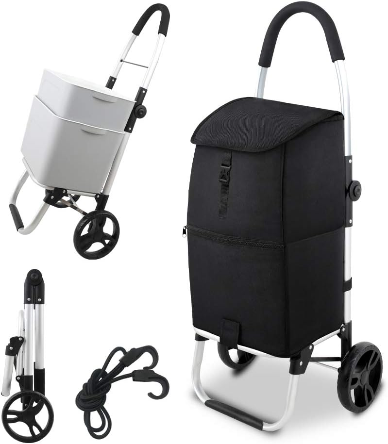 TICCI Black Shopping Grocery Foldable Cart, Big Capacity Grocery Foldable Cart with Extra Large Shopping Bag Laundry Utility Cart (2 Wheels)