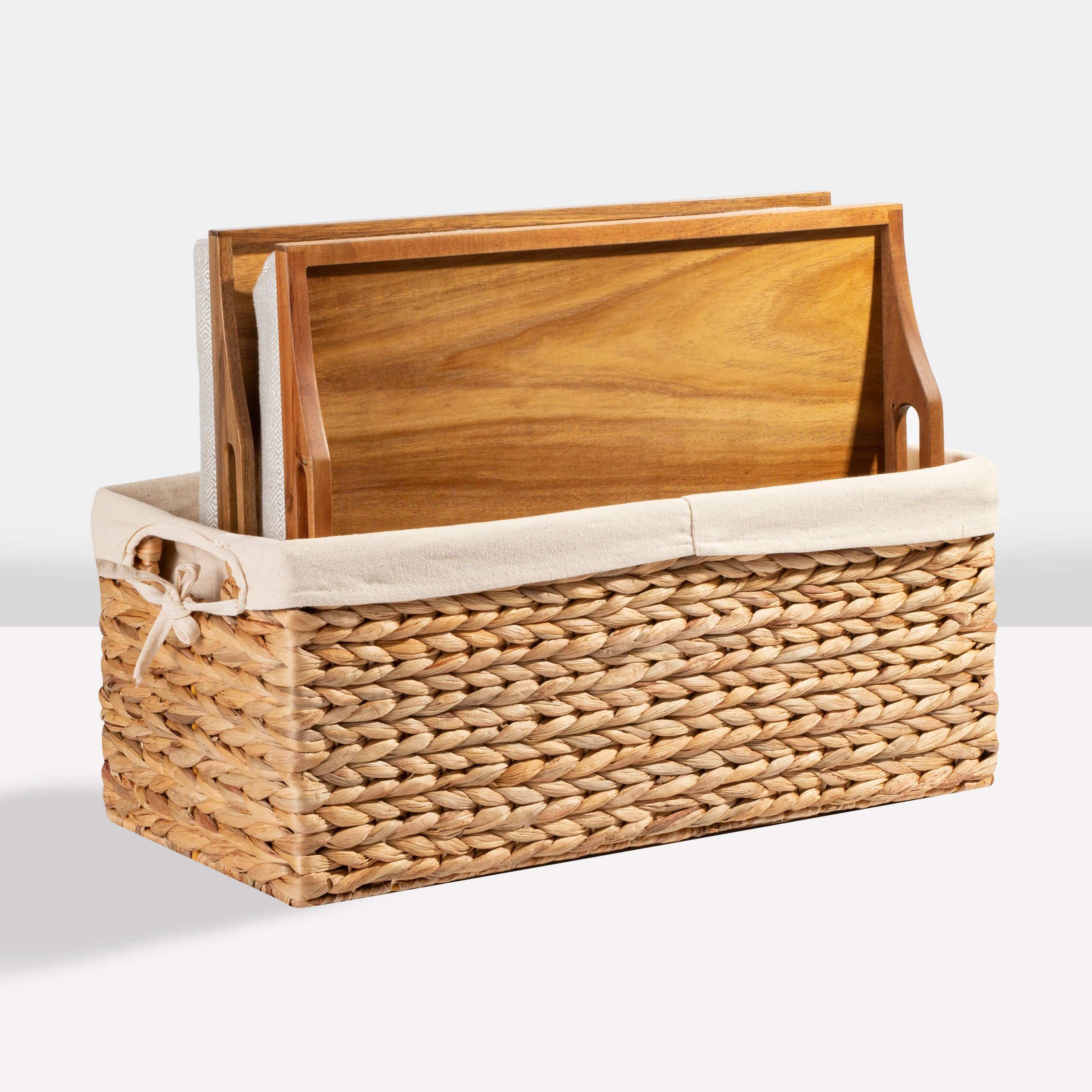Rossie Home Set of 2 Lap Trays with Basket, Natural Acacia