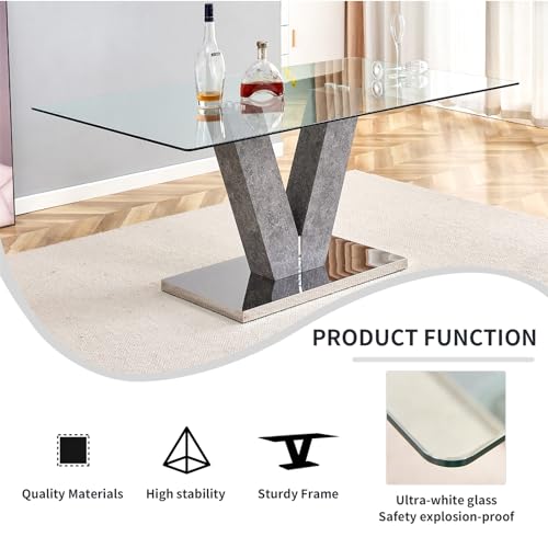 71" Glass Dining Table Set for 6 People, 7-Piece Table Set, Kitchen Table and 6 PU Leather Chairs, Dining Table Set Ideal for Living Room Office(Grey Table+White S Chairs,1 Table+6 Chairs)