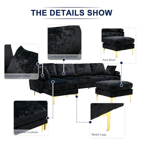 Modern Sectional Sofa, U-shaped Sofa Couch Furniture Sets with 2 Pillows, 4 Seat Sofa with Ottoman for Living Room, Hotel, Purple-A