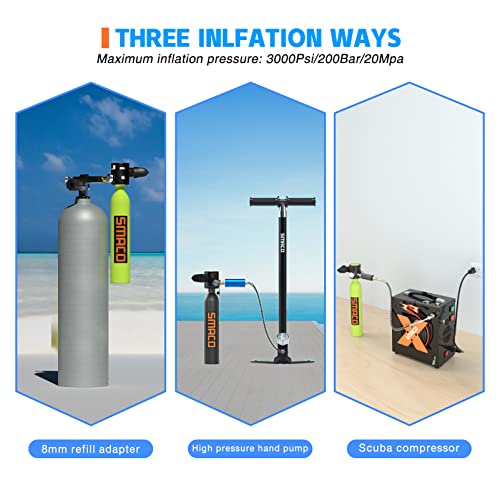 SMACO S300Plus Double Scuba Tank Scuba Diving Tank with 0.5L Capacity Supports 6-12 Minutes Underwater Breath Time Inflatable Small Scuba Cylinder for Shallow Water Free Diving/Underwater Work