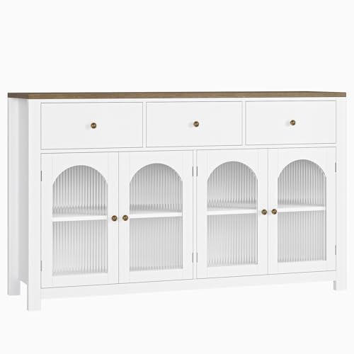 FINETONES Buffet Cabinet with Storage, 55.1" Large Sideboard Buffet Farmhouse Kitchen Cabinet with 3 Drawers and 4 Doors, Wood Coffee Bar for Kitchen, Black