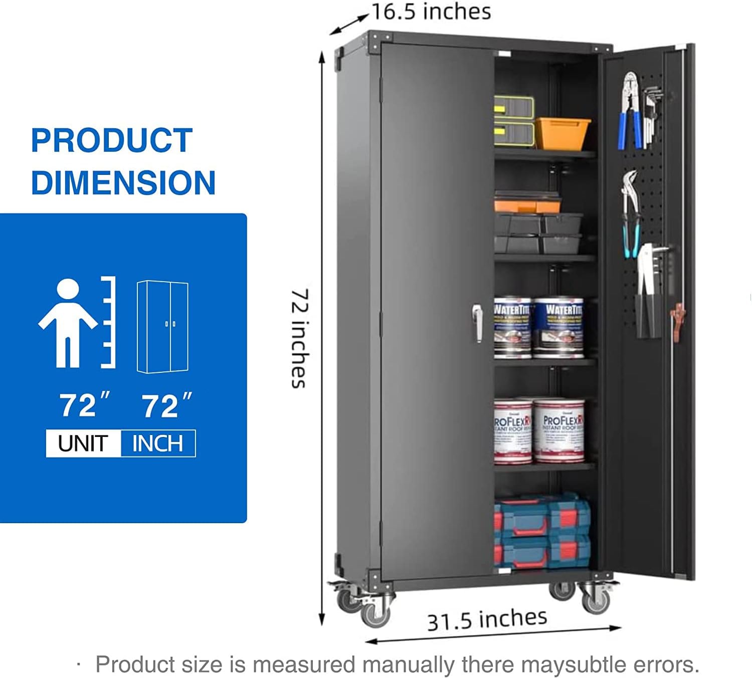 Metal Storage Cabinet with 2 Locking Doors and 4 Adjustable Shelves,Garage Storage Cabinets with Pegboard &Wheels,72" Steel Storage Cabinet for Home,Office Assembly Required (Black)