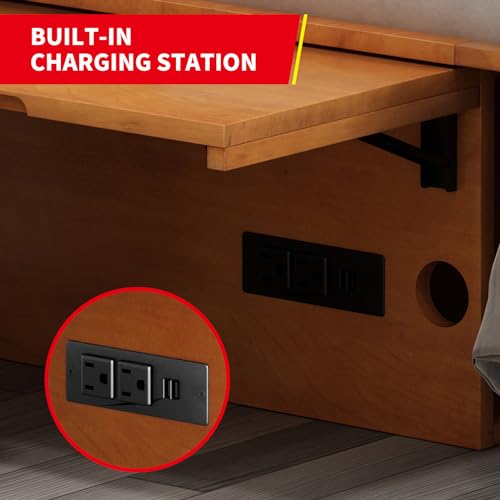 MUZZ Queen Size Murphy Bed with Charging Station, Convertible Cube Cabinet Murphy Bed with Folding Foam Mattress, Foldable Space-Saving Murphy Bed for Guest Room, Home, Office (Cherry)