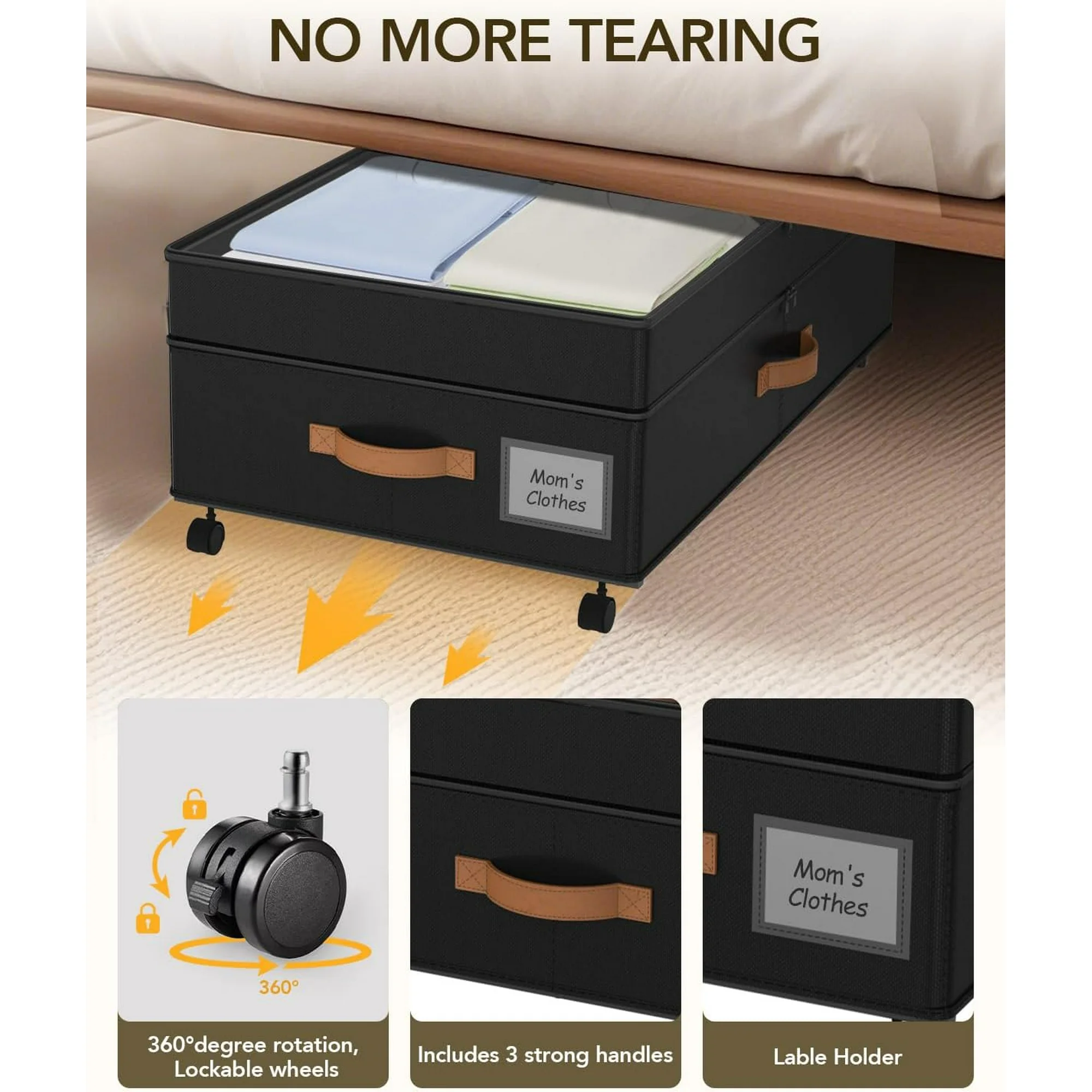 4 Pack Under Bed Storage with Wheels, Adjustable Height Storage Containers, 10 inches Large Capacity Rolling Underbed with Lids, Storage Drawers Shoes, Clothes, Blankets, Black