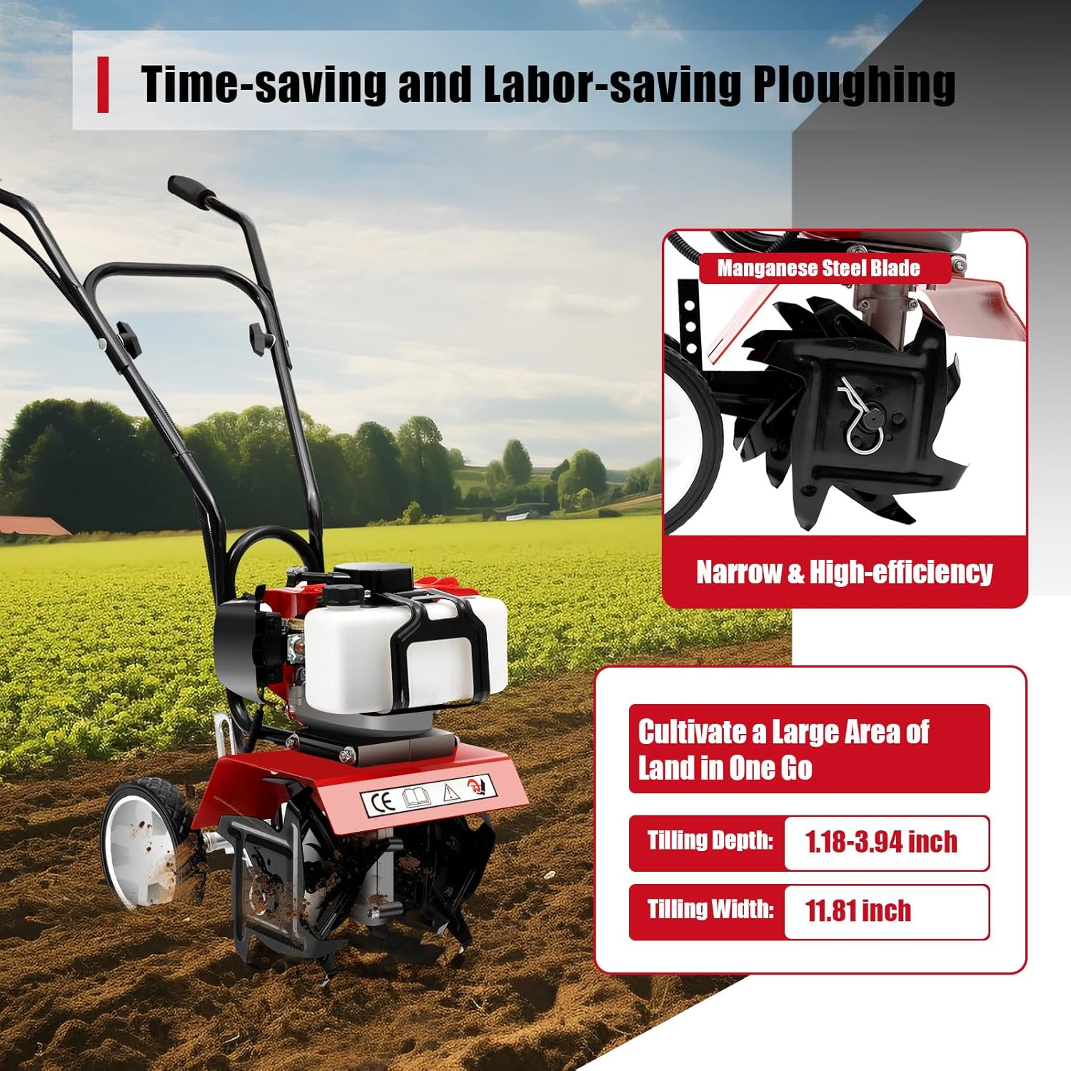 Mini Tiller Cultivator, Powerful 52cc Two-stroke Single-cylinder Gasoline Engine, Gear Drive Transmission, Height Adjustable Wheels, for Gardening