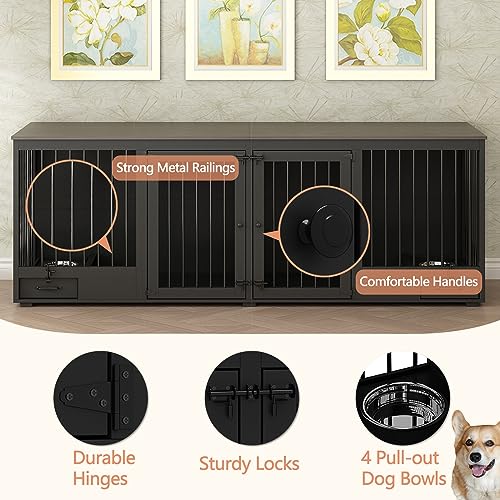 Furniture Style Large Dog Crate for 2 Dogs, 86.6" Heavy Duty Wooden Dog Kennel with Dog Bowl Drawers & Divider, Indoor Furniture Style Dog Kennel for Large Medium Dogs, Black
