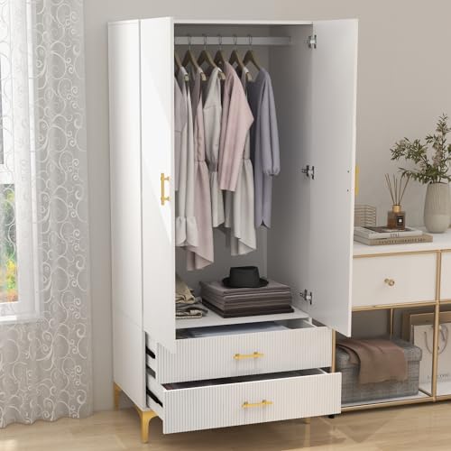 FeLeA Wardrobe Closet for Hanging Clothes, Armoire Portable Closet with Two Drawers & Hanging Rod, 2 Door Freestanding Wardrobe Cabinet for Bedroom,White,(31.5" W x 19.69" D x76.77 H)