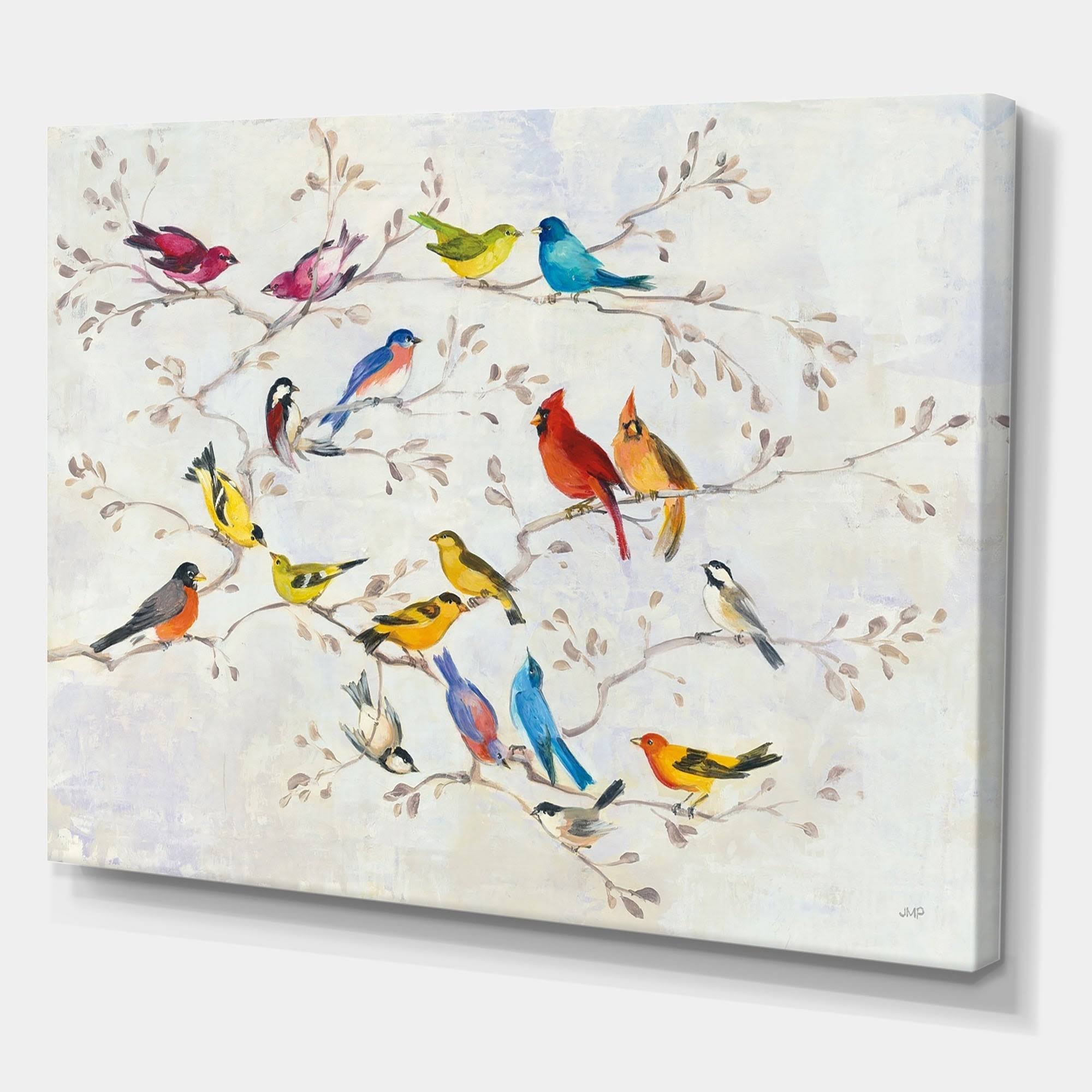 Designart &Multi-Color Bird on Tree& Modern Farmhouse Canvas Art - Multi-Color 40 in. Wide x 30 in. High