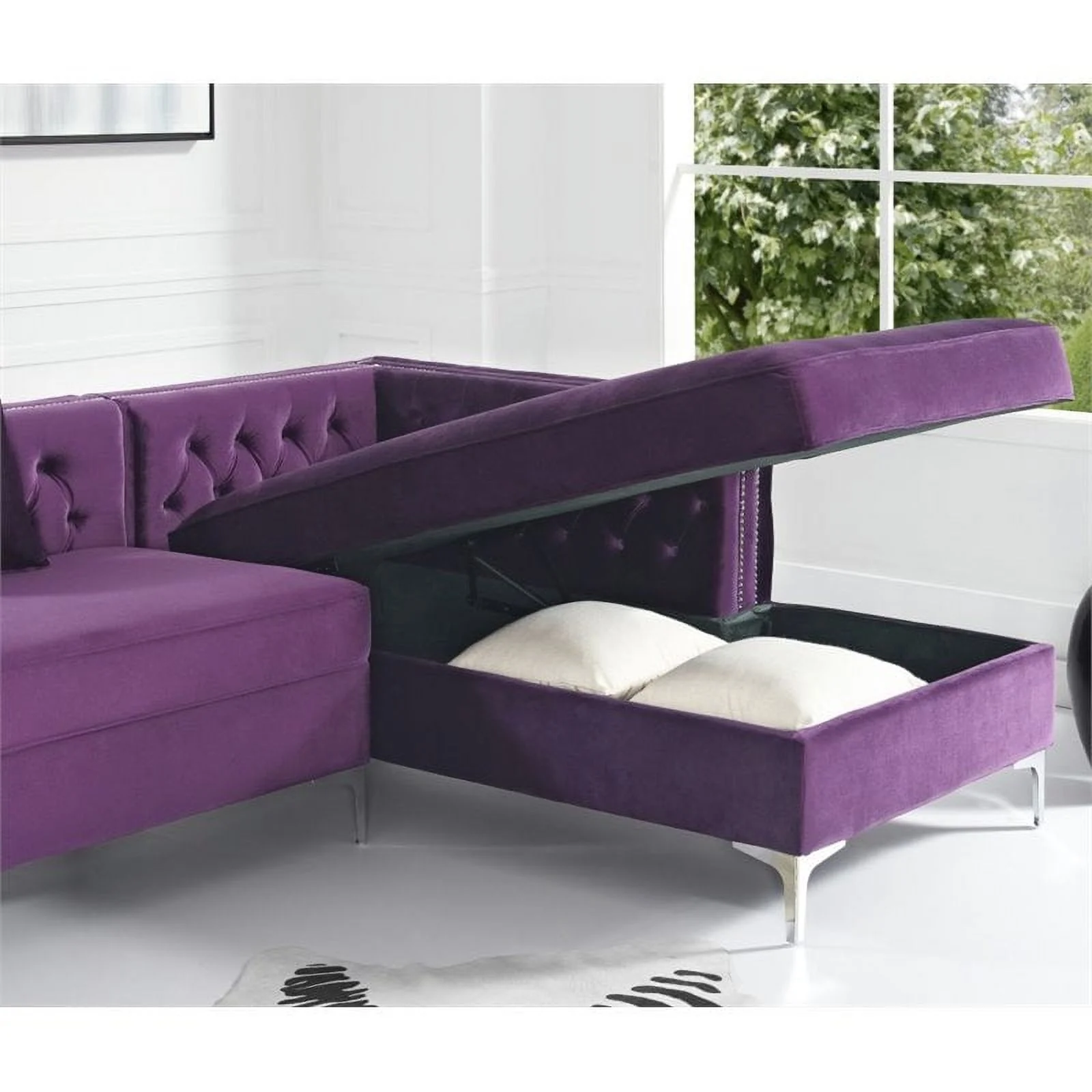 Posh Living Levi 115" Velvet Secitional Sofa with Right Facing Chaise in Purple