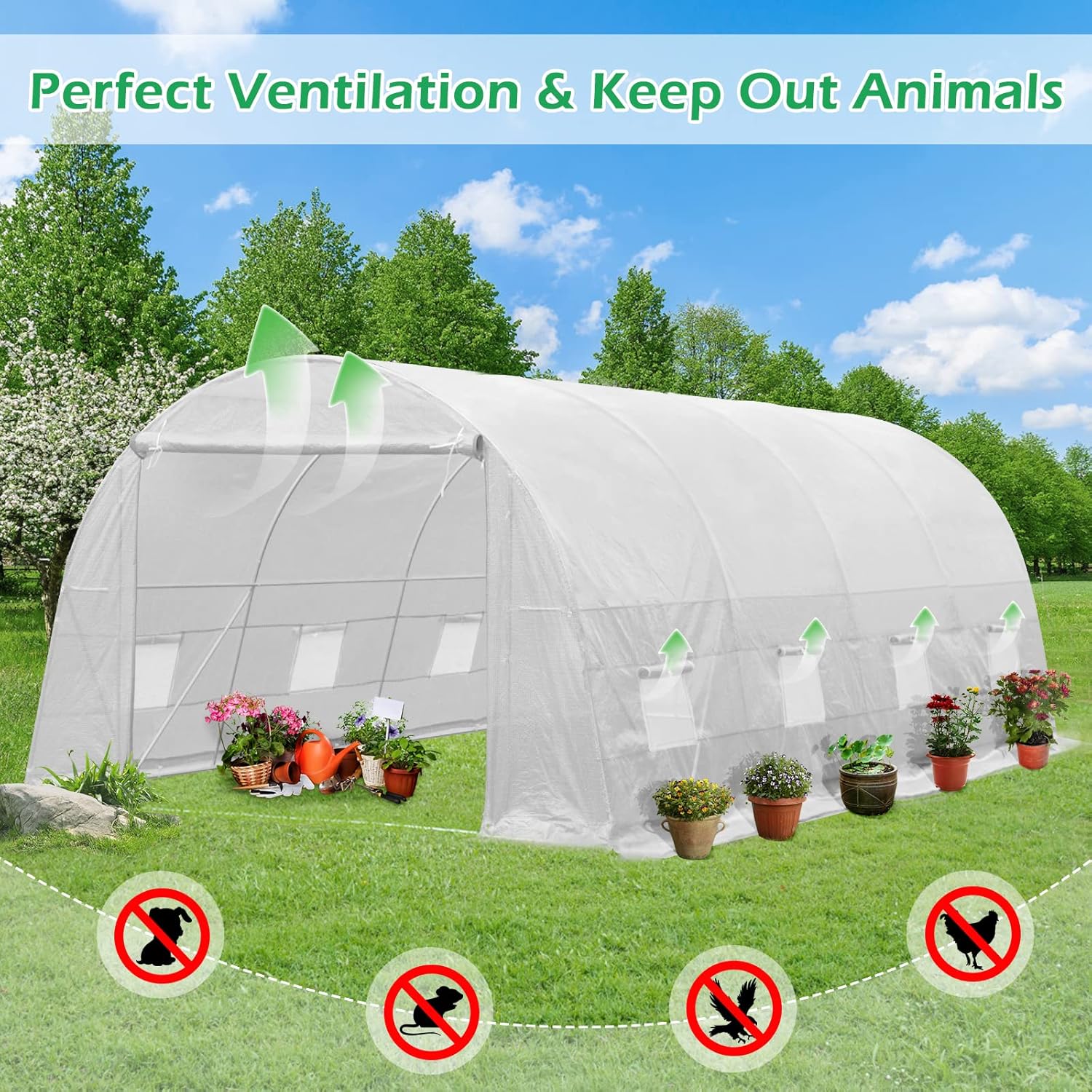 YOLENY 20' x 10' x 7' Greenhouse Large Gardening Plant Hot House Portable Walking in Tunnel Tent, White