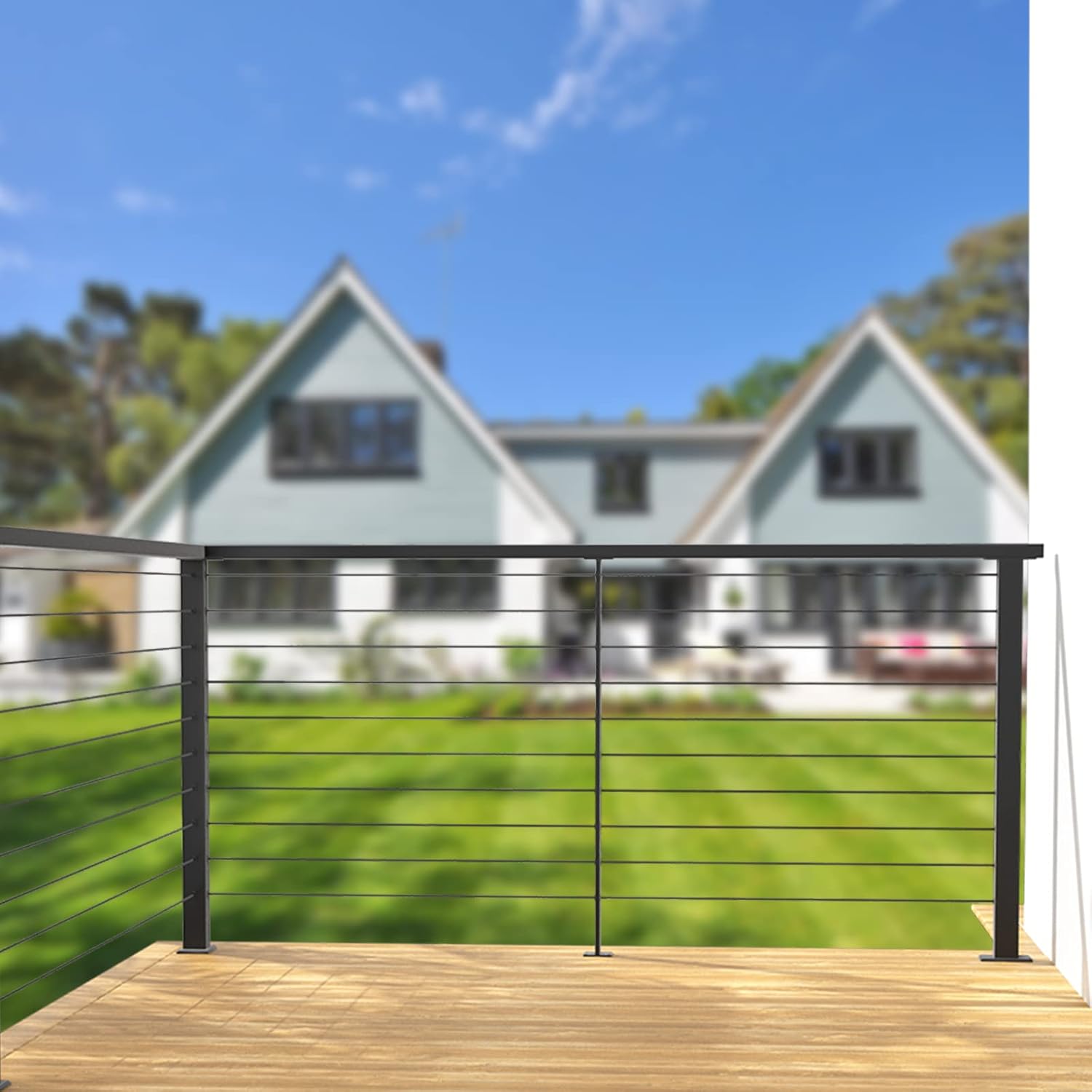 Muzata 4Pack Cable Railing Post Level-drilled Post with Flat top 36''x2''x2'' Black Square Weldless Stainless Steel Pre-Drilled for Wood Concrete Surface Mount Deck PS02 BH4S, PT1 PT2 PT6