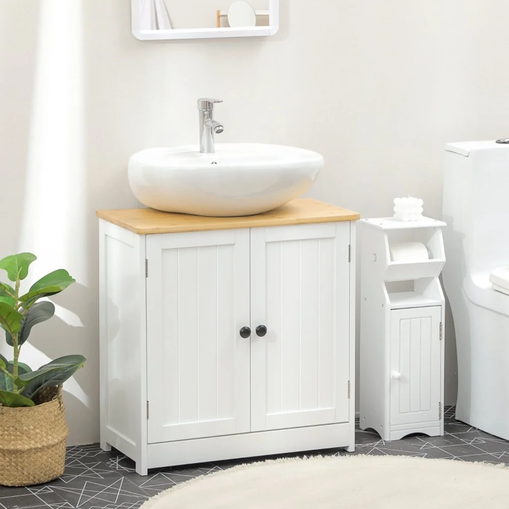 Pedestal Sink Storage Cabinet, Under Sink Cabinet with Double Doors,  Crystal White, Dark Walnut-AS