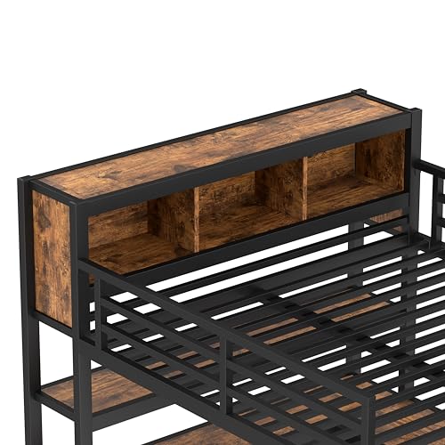 Linique Metal Loft Bed with Wardrobe & L-Shaped Desk - Sturdy Space-Saving Loft Bed Includes Storage Cubes, Shelves for Kids, Teens, Adults (White, Queen)