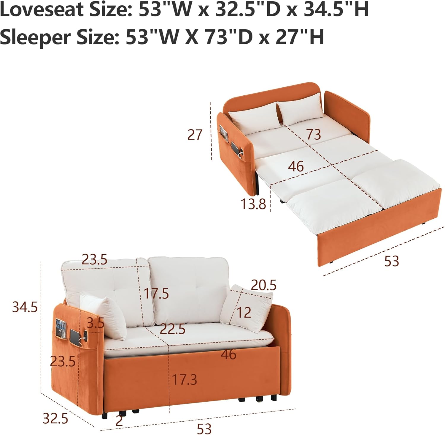 CALABASH 53" Loveseat Sleeper Sofa Bed, 3-in-1 Convertible Pull Out Bed, Velvet Sleeper Bed with USB Ports and Side Pockets, Small 2 Seater Sofa Bed for Apartment Small Spaces