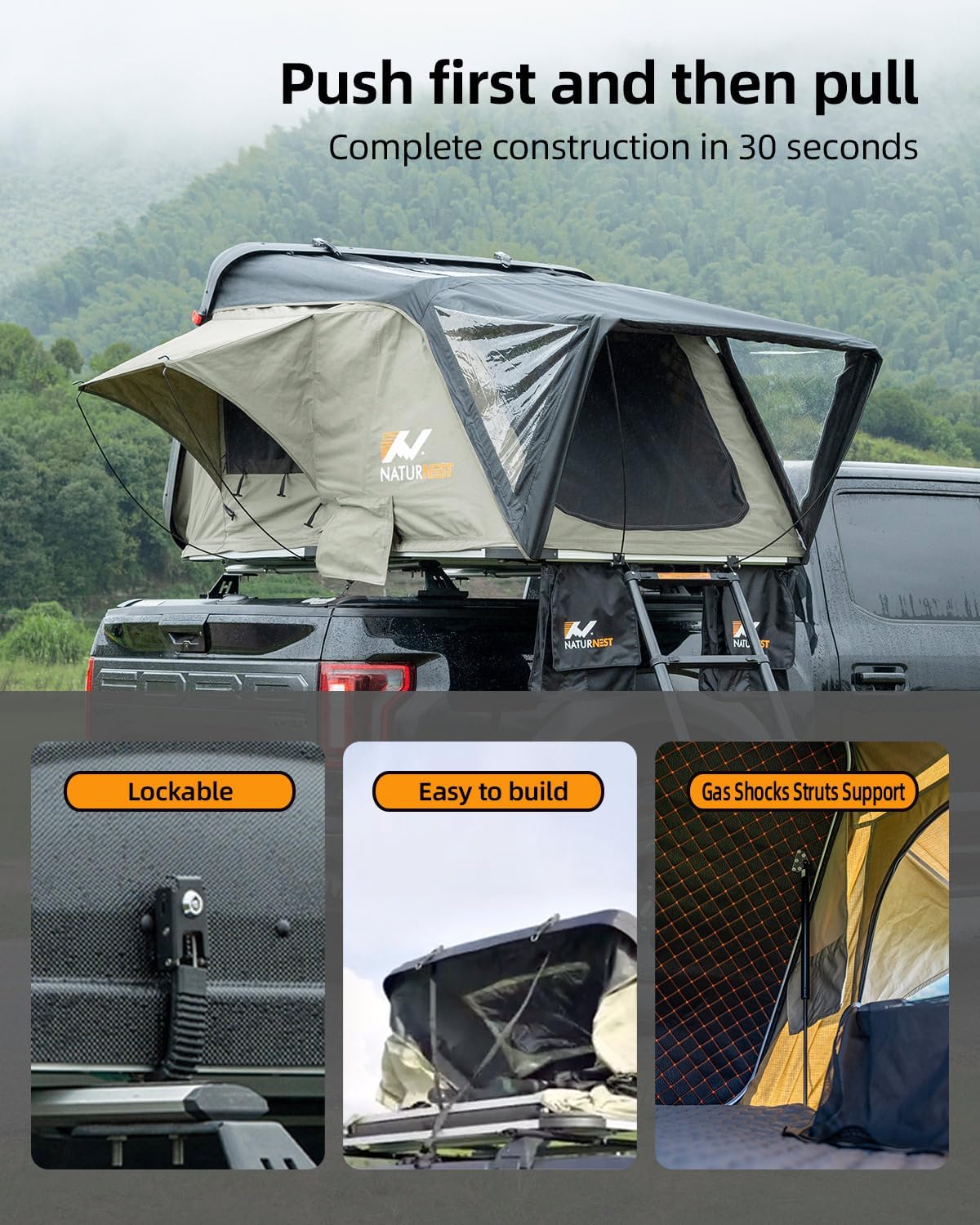 Naturnest Rooftop Tent Hard Shell with 2 Chair, BAMACAR Rooftop Tent for Jeep SUV Pickup Truck Van Overland Tent, Hardshell Rooftop Tent Nature Nest Roof Top Tent Car Camping Clamshell Roof Rack Tent