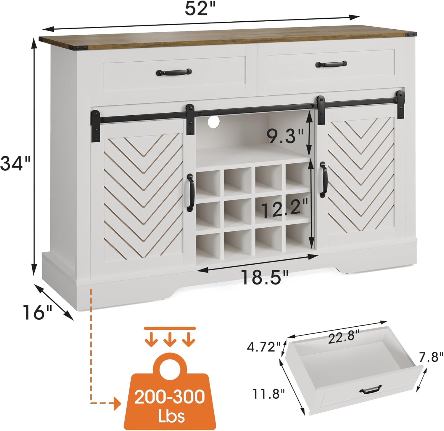 Farmhouse Storage Sideboard Buffet Coffee Bar Cabinet with Sliding Barn Door, 3 Drawers, Wine and Glass Rack - White & Oak