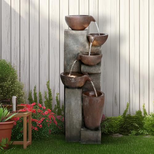 Naturefalls 5-Tier Outdoor Water Fountains with LED Lights - 39”H Floor Standing Indoor Water Fountains for Garden, Patio, Deck, Porch - Yard Art Decor (Grey, 39H inches)