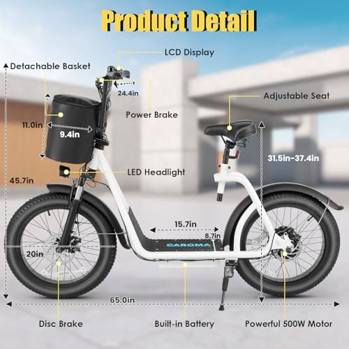 Caroma Peak 800w Electric Scooter Adults 20"X3" Fat Tire, 20 MPH Top Speed & 30 Miles Range, Off-Road E Scooter w/Adjustable Seat & Detachable Basket, Foldable Ebike w/Shock Absorption for Commuting