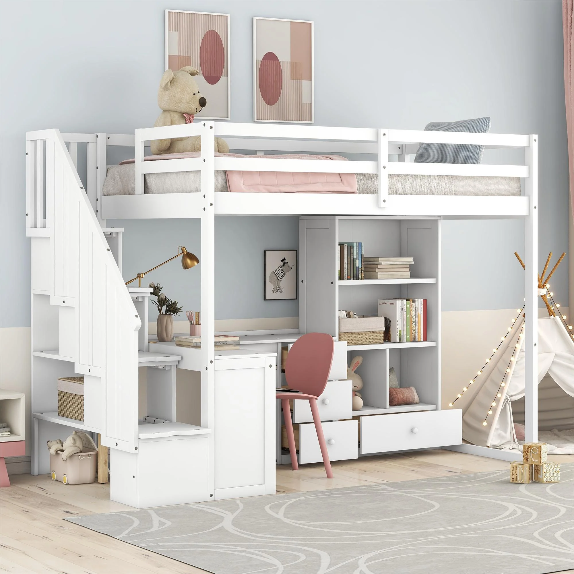 Twin Wood Loft Bed with L-Shaped Desk and Drawers, Cabinet and Storage Staircase, Loft Twin Bed with Desk for Teenagers, Multiple Functions Bed, Easy to Assemble (White)