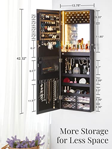 LUXFURNI Mirror Jewelry Cabinet 79 LED Lights Wall-Mount/Door-Hanging Armoire, Lockable Storage Organizer w/Drawers (White)