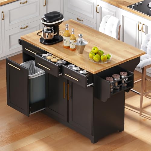 59.3" Rolling Kitchen Island on Wheels with Trash Can Storage Cabinet, Island Table for Kitchen with Power Outlet, Kitchen Cart with Drop Leaf and Internal Storage Rack (Black)