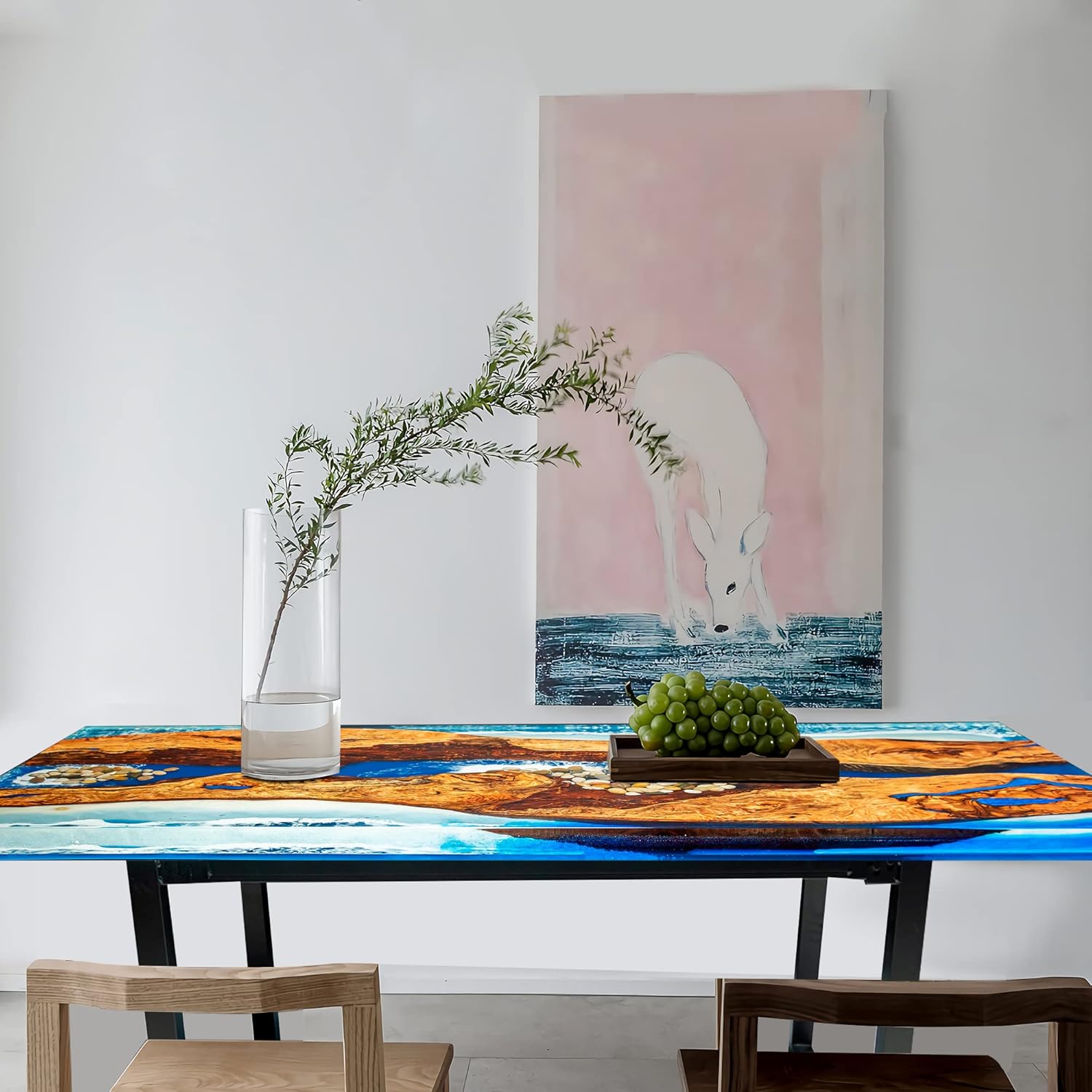 Hand Made Epoxy Resin Room Table for Home Office Living, Craft River Natural Edge Wood end Table, Blue Resin Dining Table for 2, 4, 6 Wood River Dining Table Top Large Tabletop