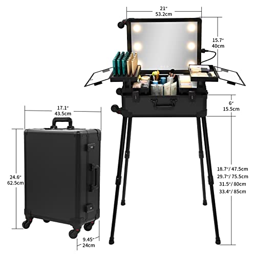 Large Makeup Train Case with Speaker & Code Lock & Full Screen Lighted Mirror & 3 Light Colors Lighted Rolling Cosmetic Organizer, Professional Artist Trolley Studio Free Standing