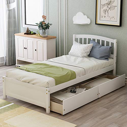 Twin Size Platform Bed with 2 Storage Drawers, Solid Wood Twin Bed Frame with Slat support and Headboard for Kids, Teen, Adults, No Box Spring Needed(Twin, White)
