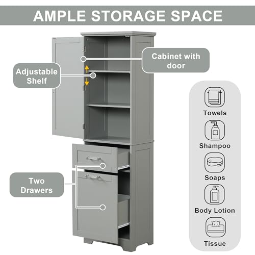 Tall Bathroom Storage Cabinet, Narrow Storage Cabinet, Freestanding Linen Cabinet with Two Different Size Drawers and Adjustable Shelf, Tall Cabinet Storage for Bathroom，Living Room (White)
