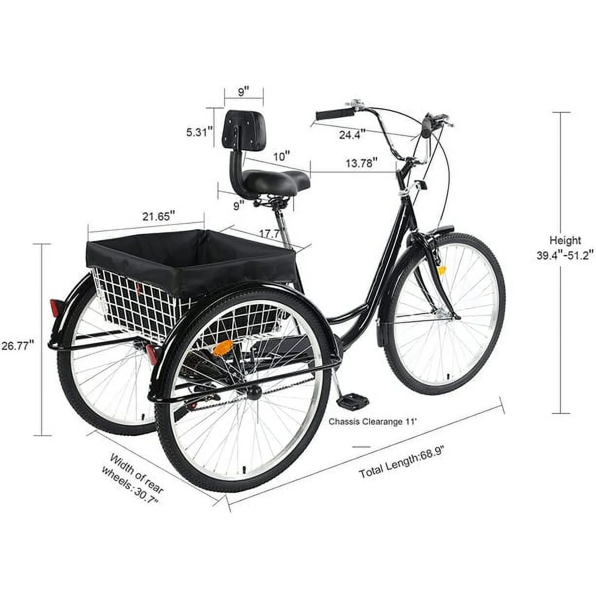 PRIJESSE 26 Inch  Adults Tricycle 7-Speed for Shopping and Travel with basket Multifunctional and Practical 3-Wheel Bike (Black)