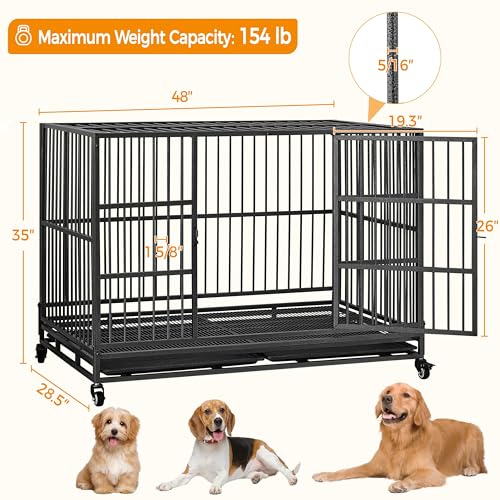 Yaheetech 48'' Dog Crate Extra Large Pet Crate XXL Indestructible Dog Crate W/2 Doors/Lockable Wheels/Removeable Trays for Indoor/Outdoor