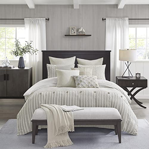 Madison Park King Comforter Set Clipped Jacquard Stripes with Buttons Boho Comforter for a King-Size Bed, Cotton Oversized Comforters with Removable Cover Boho Bedding, King Ivory 9 Piece