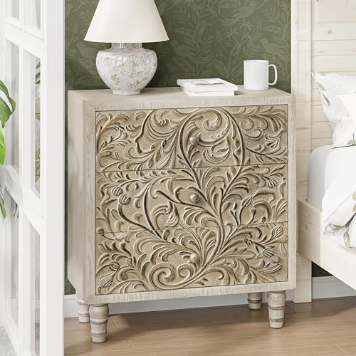 LONYKE 3 Drawer Farmhouse Dresser with Embossed Weathered Flower Motif, Vintage Nightstand for Bedroom, Fully-Assembled, Boho, Weathered White, 25''W*11.81''D*27.36''H
