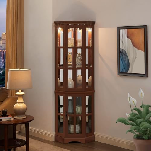 Lighted Corner Curio Cabinet Glass Display Case with 4 Adjustable Shelves, Mirrored Back Panel and 4 Tempered Doors, for Living Room Bedroom Office, 23.75"×11.75"×70", Cherry