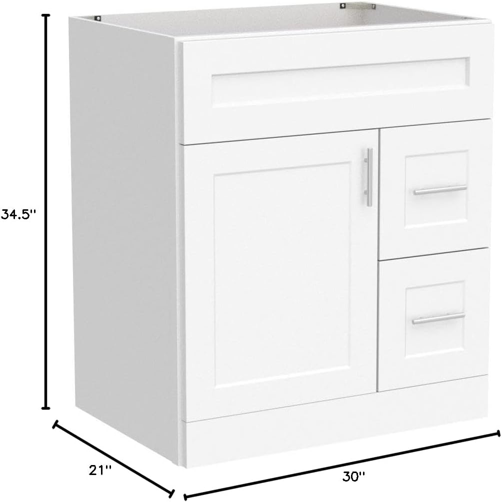 New White Shaker Single-Sink Bathroom Vanity Base Cabinet 30" Wide x 21" Deep WS-V3021DLR