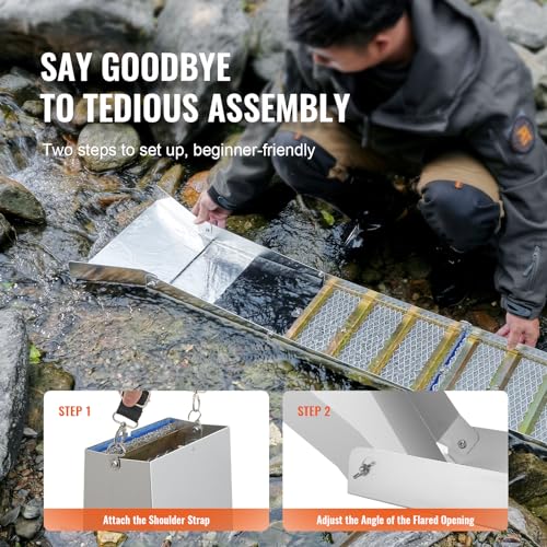 VEVOR Complete Sluice Box Gold Panning Kit, 50" Folding Aluminum Alloy Gold Mining Equipment, 23 PCS Gold Prospecting Kit with Gold Pan, Classifier Screen, Separating Magnet, Backpack and More