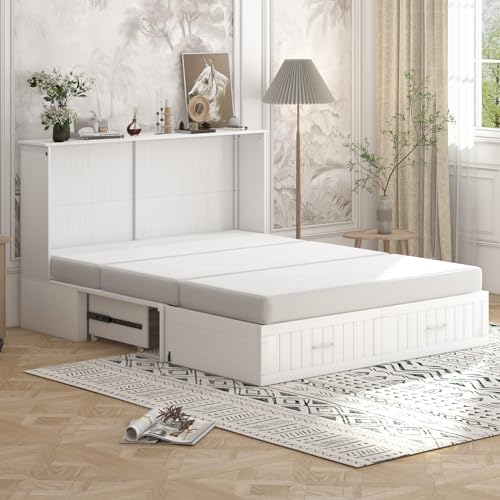 BALUS 64" W Murphy Bed Cabinet with Mattress,Murphy Bed Queen,Modern Muti-Functional Cube Cabinet Bed 2 Large Drawers&3 Level Folding Foam Mattress for Living Room/Apartment/Loft (Stone Grey)