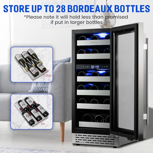 15" Wine Cooler Refrigerator Dual Zone-28 Bottle Capacity, Seamless Reversible Doors, Shelves Stainless Steel Edged, Built-in or Freestanding Wine Cooler for Home and Kitchen