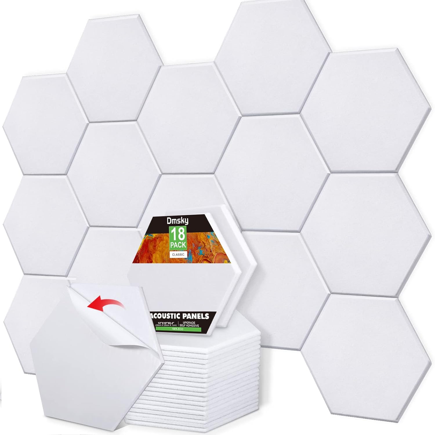 18 Pack Self-adhesive Acoustic Panels Soundproof Wall Panels 12"X10"X 0.4" Sound Absorbing Panel for Decoration Sound Deadening Panels Acoustic Treatment Panel For Home Office（White Hexagonal Design） Pack of 2