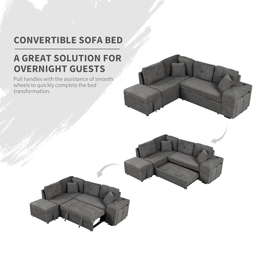 DEINPPA Sleeper Sofa, Sectional Sleeper Sofa with Double Storage Ottoman and 2 Stools, L Shape Sofa Wireless Charger and Two Hidden USB Ports for Living Room, Chenille Fabric-Cream