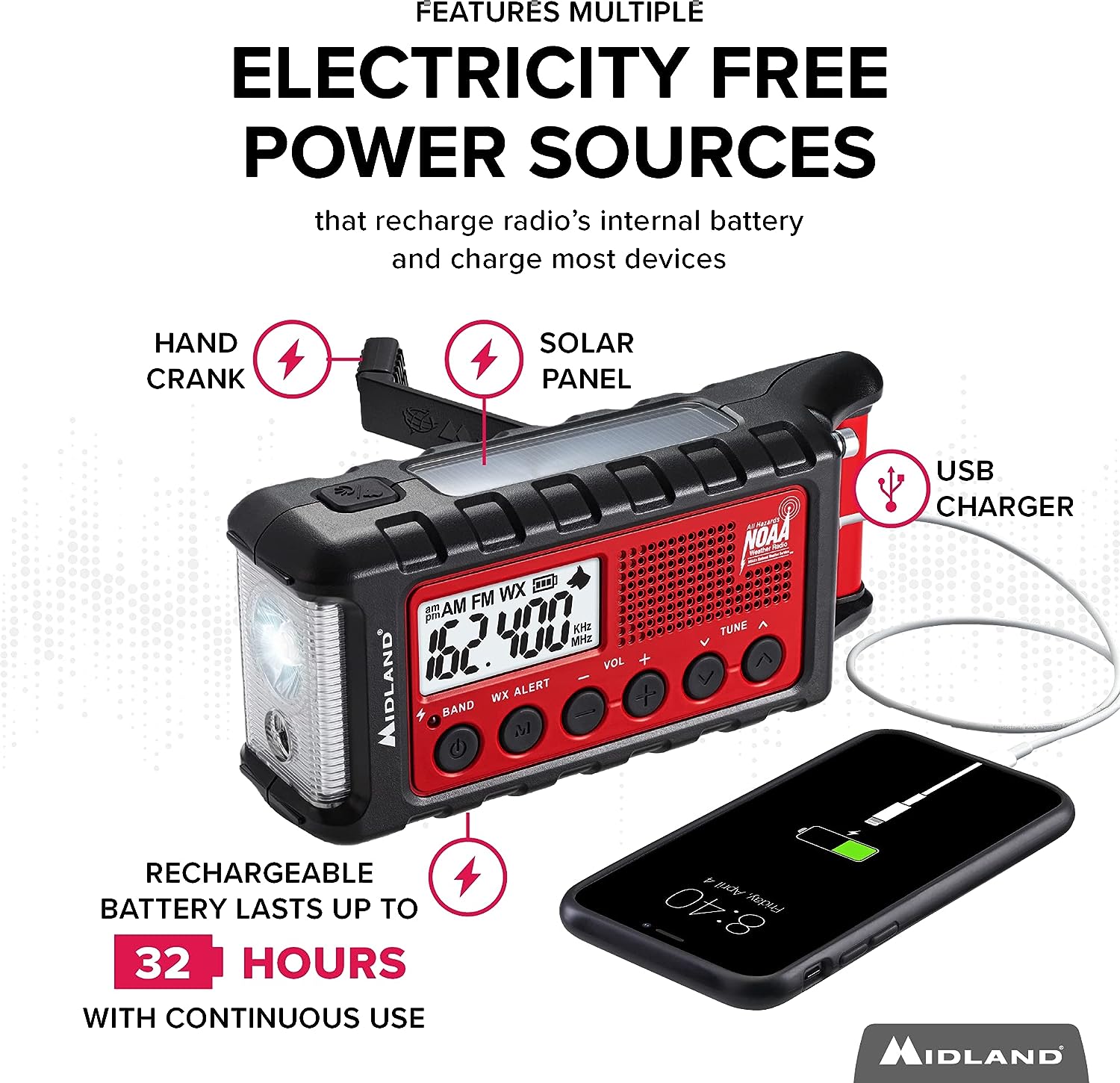 Midland - ER310, Emergency Crank Weather AM/FM Radio - Multiple Power Sources, SOS Emergency Flashlight, Ultrasonic Dog Whistle, & NOAA Weather Scan + Alert (Red/Black)